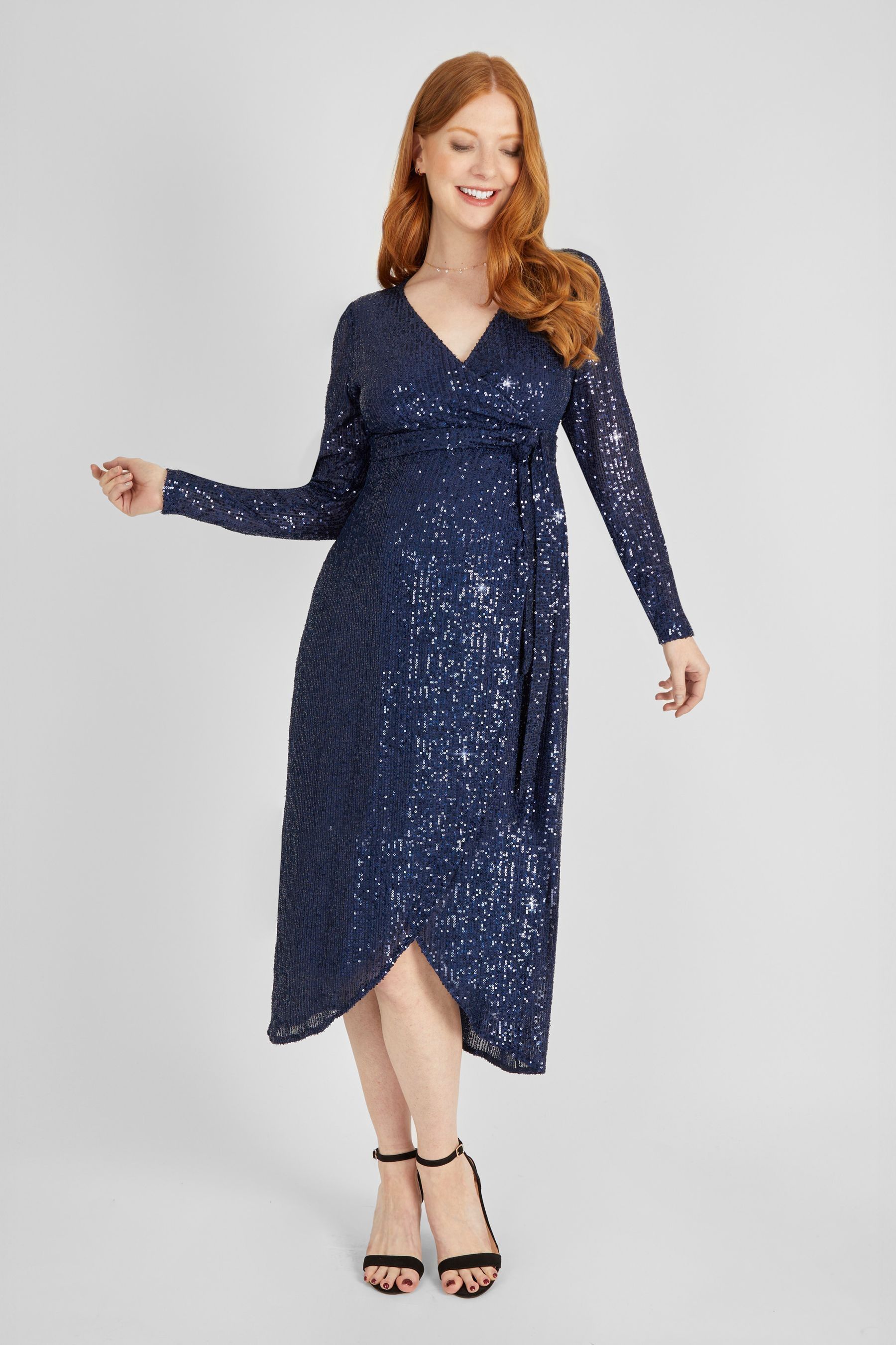 JoJo Maman Bebe Navy Sequin Wrap Maternity Dress