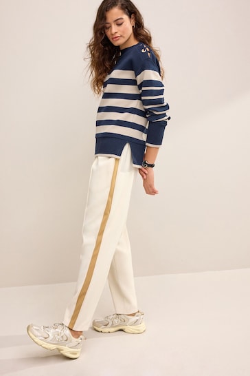 Navy/Stone Cosy Stripe Cut-Out Tie Shoulder Detail Crew Neck Long Sleeve Jumper