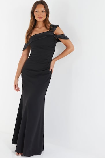 Buy Quiz Black Scuba Crepe Maxi Dress With Satin Asymmetric Shoulder ...