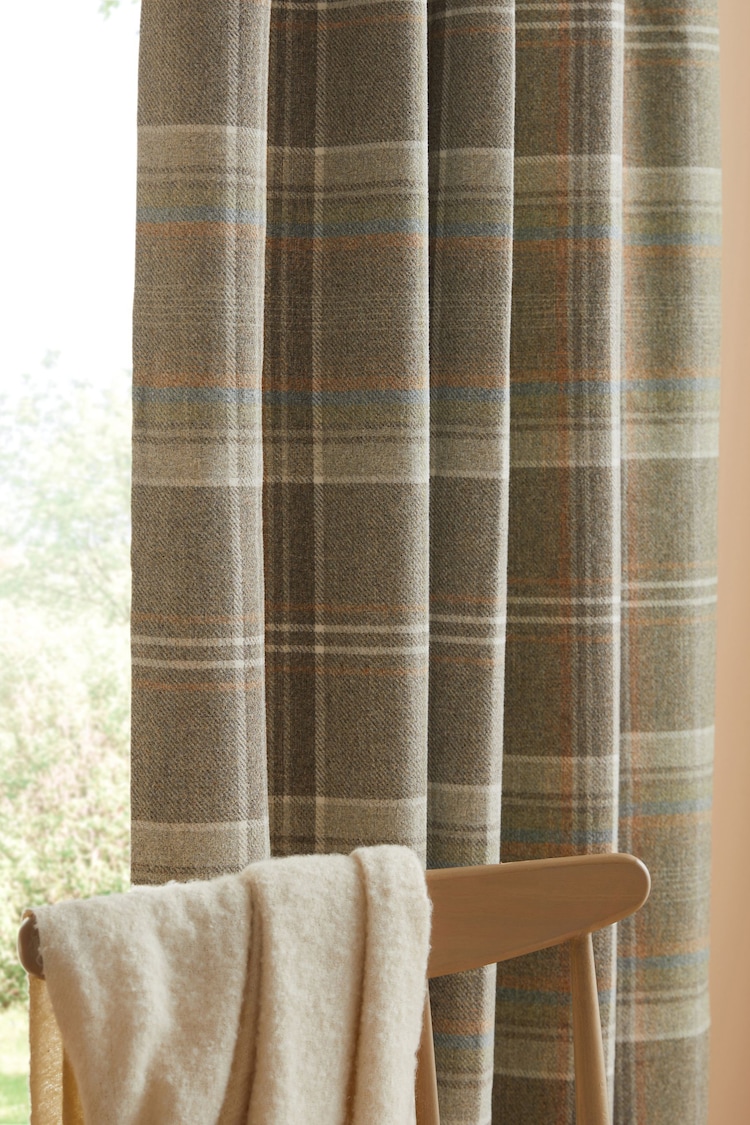 Green/Natural Brushed Check Pencil Pleat Lined Curtains - Image 2 of 4