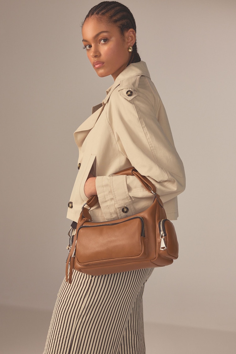 Tan Brown Leather Pocket Zip Bag - Image 1 of 11