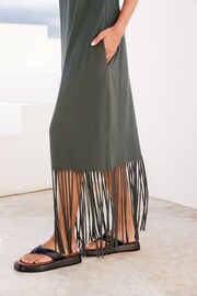 Khaki Green Fringe Summer Midi Dress - Image 4 of 6
