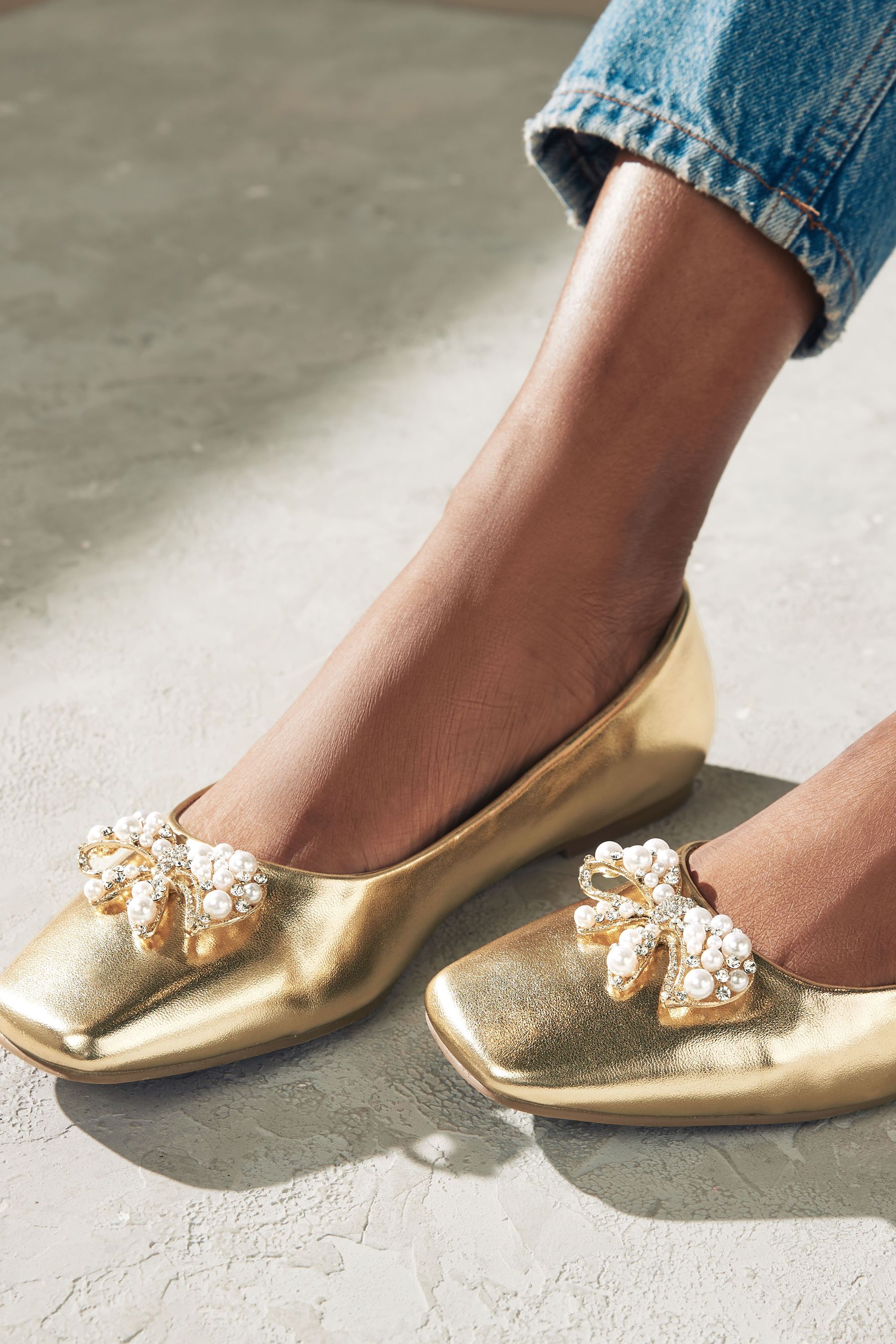 Buy Gold Forever Comfort Square Toe Bow Trim Ballerinas from the Next UK online shop
