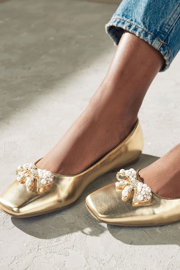 Gold Forever Comfort® Square Toe Bow Trim Ballerinas