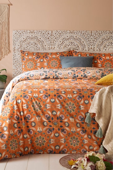 furn. Orange Ochre Yellow Folk Flora Floral Reversible Duvet Cover and Pillowcase Set