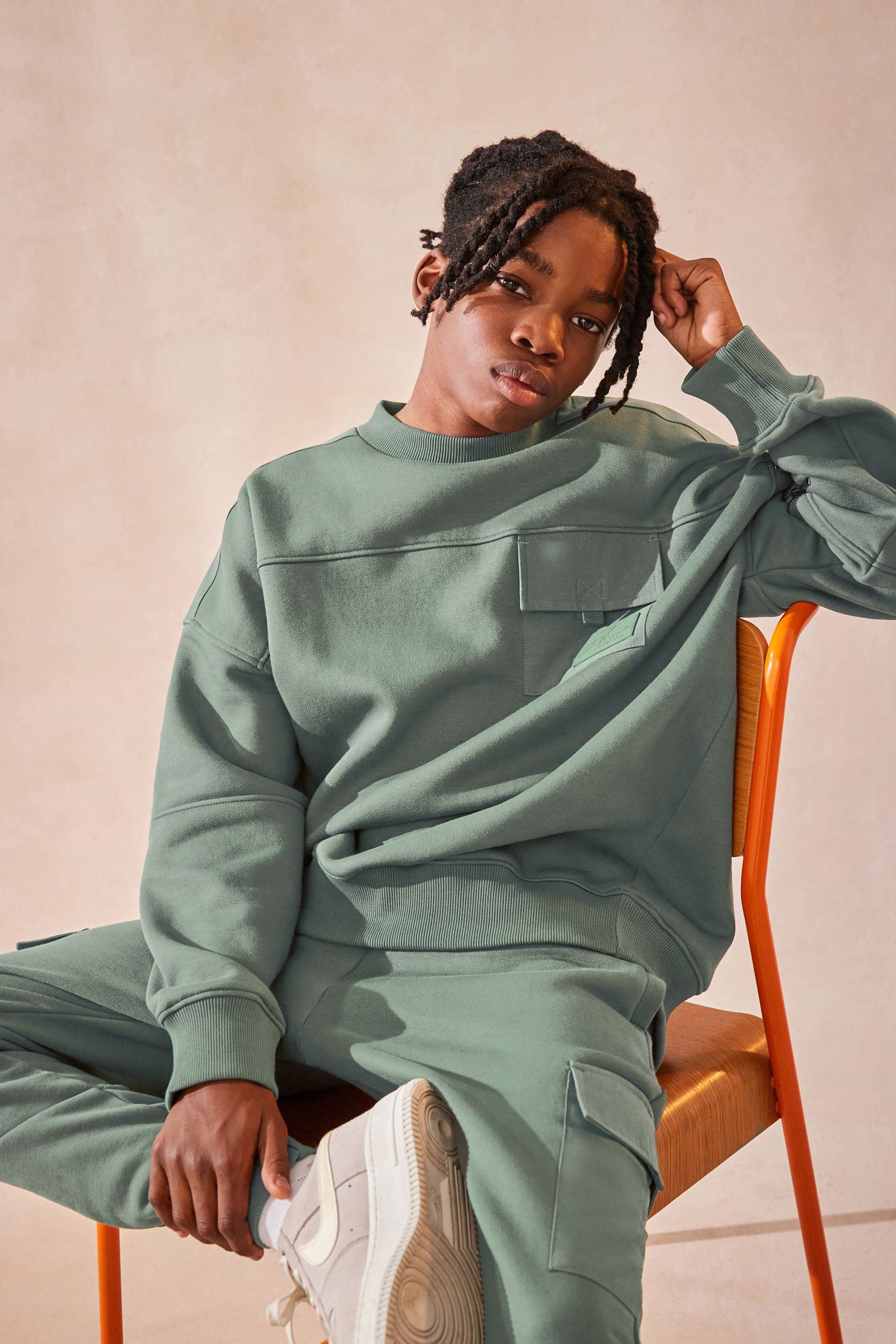 Sage Green Set Utility Crew Neck Sweatshirt and Cargo Jogger Set 3 16yrs