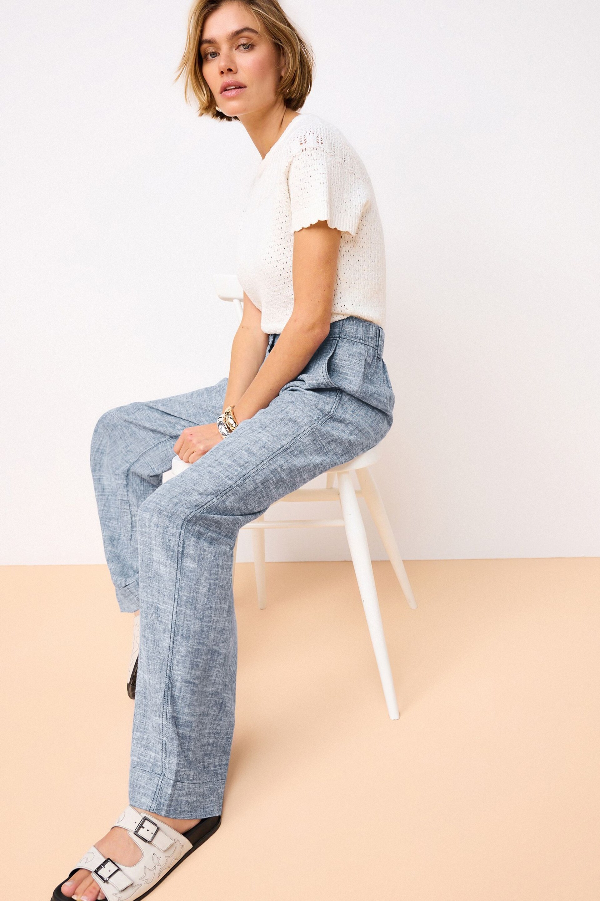 Blue Linen Blend Wide Leg Trousers - Image 2 of 7