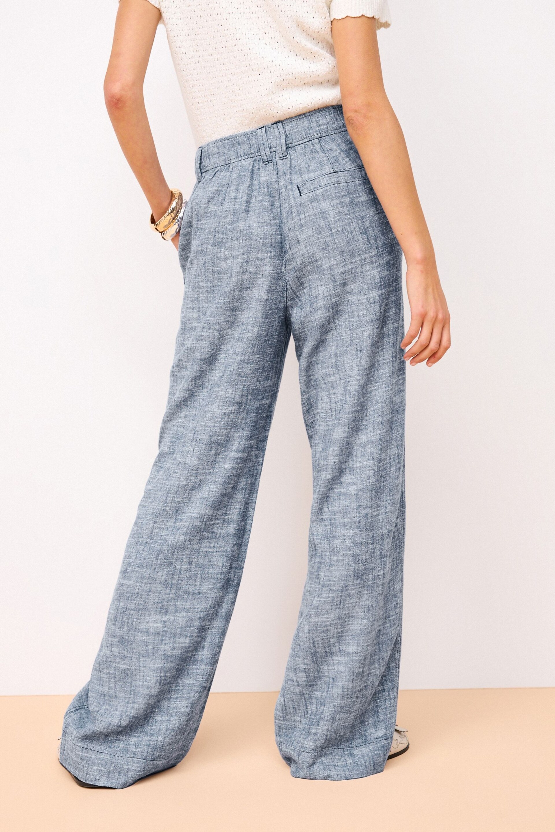 Blue Linen Blend Wide Leg Trousers - Image 4 of 7