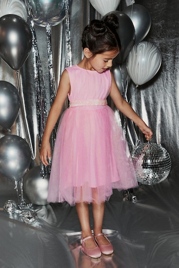 Pale Pink Mesh Tie Back Party Dress (3-16yrs)