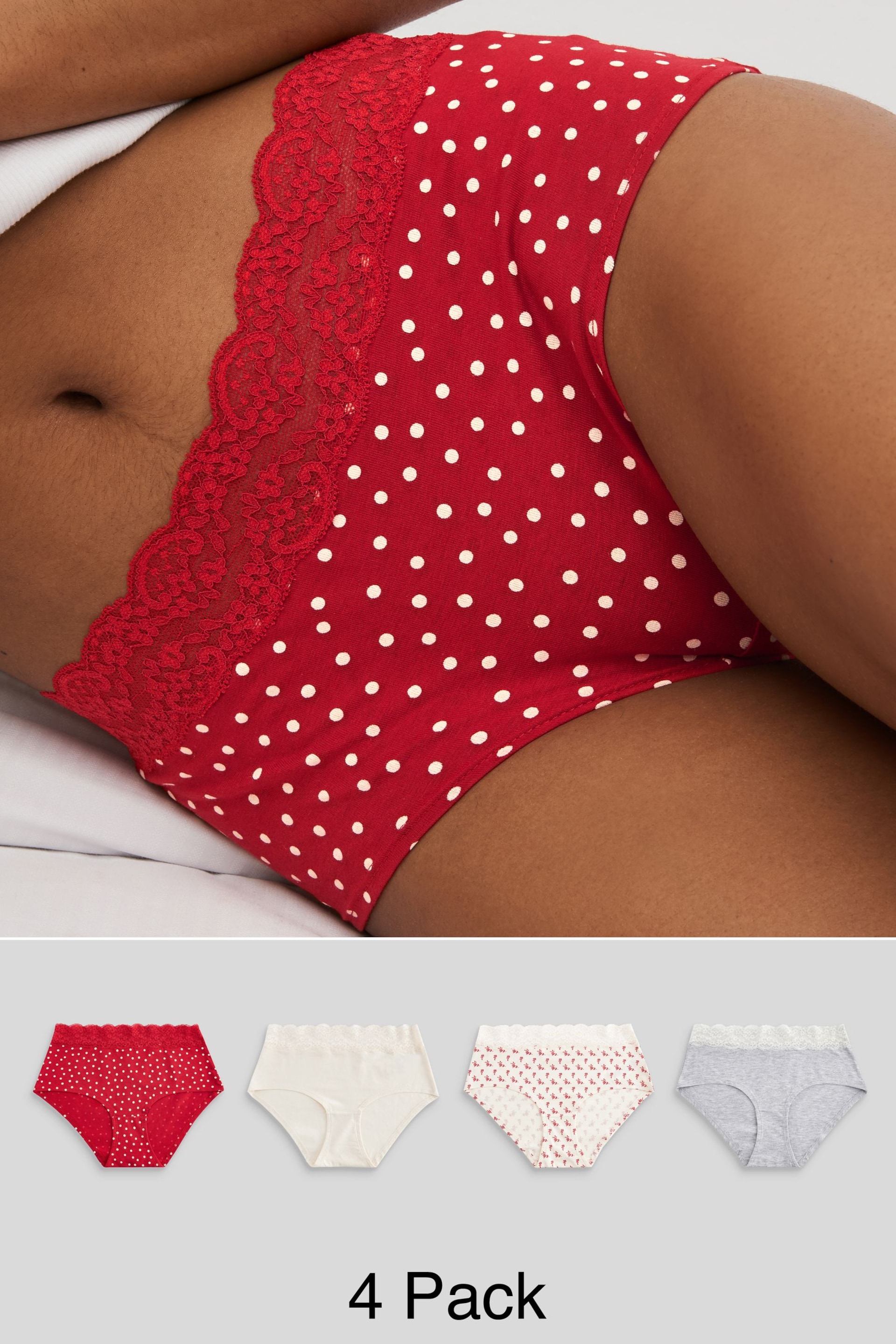 Cream/Grey/Red Midi Cotton and Lace Knickers 4 Pack - Image 1 of 9