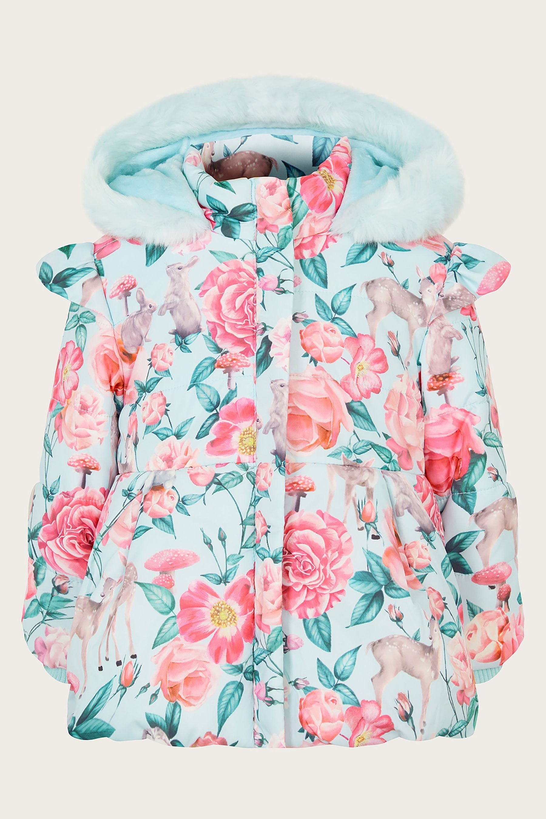 Buy Monsoon Blue Baby Woodland Print Frill Padded Coat from Next Luxembourg