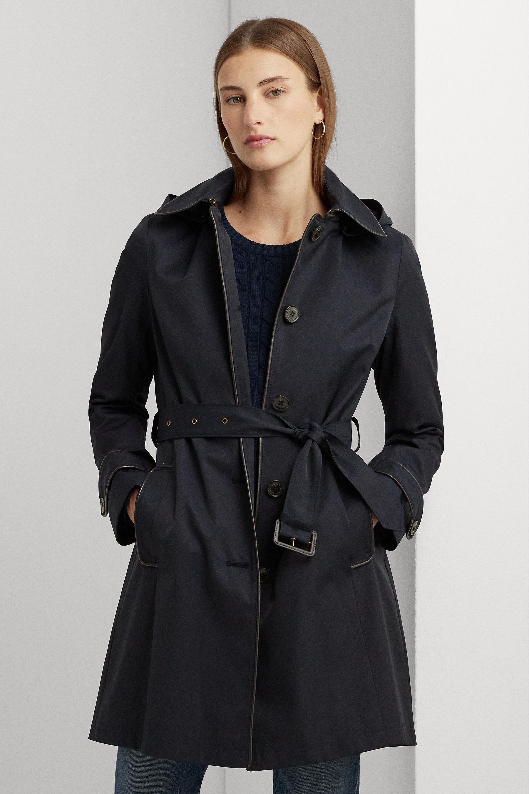 Lauren Ralph Lauren Navy Blue Faux Leather Trim Trench Coat