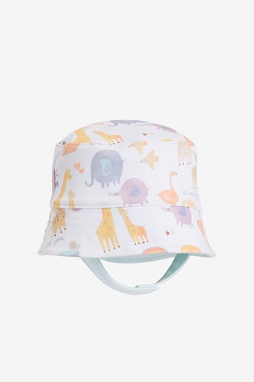 White Reversible Noahs Ark Print Baby Bucket Hat (0mths-2yrs)