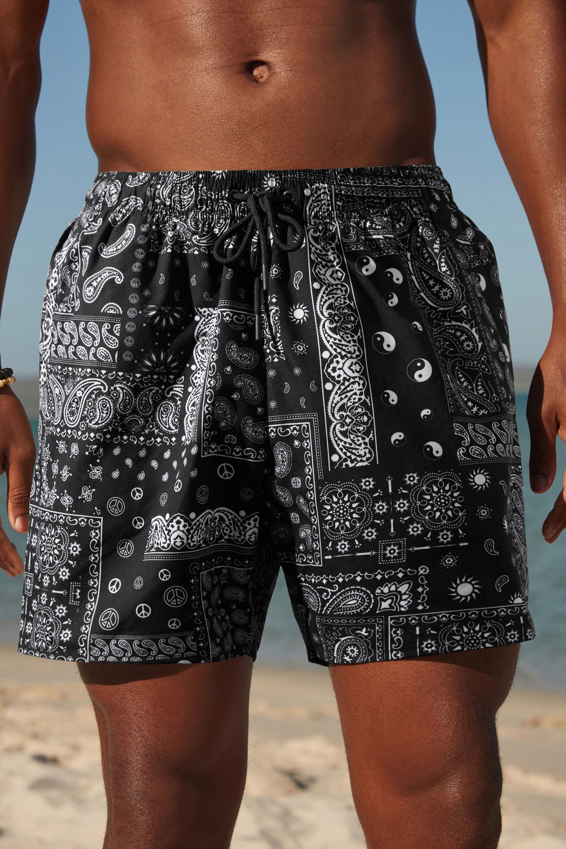 Black White Paisley Bandana Regular Fit Printed Swim Shorts