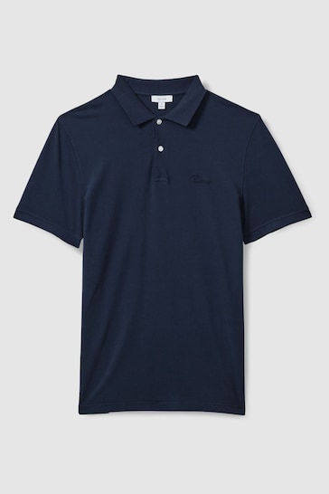 Reiss Airforce Blue Peters Slim Fit Garment Dyed Embroidered Polo Shirt
