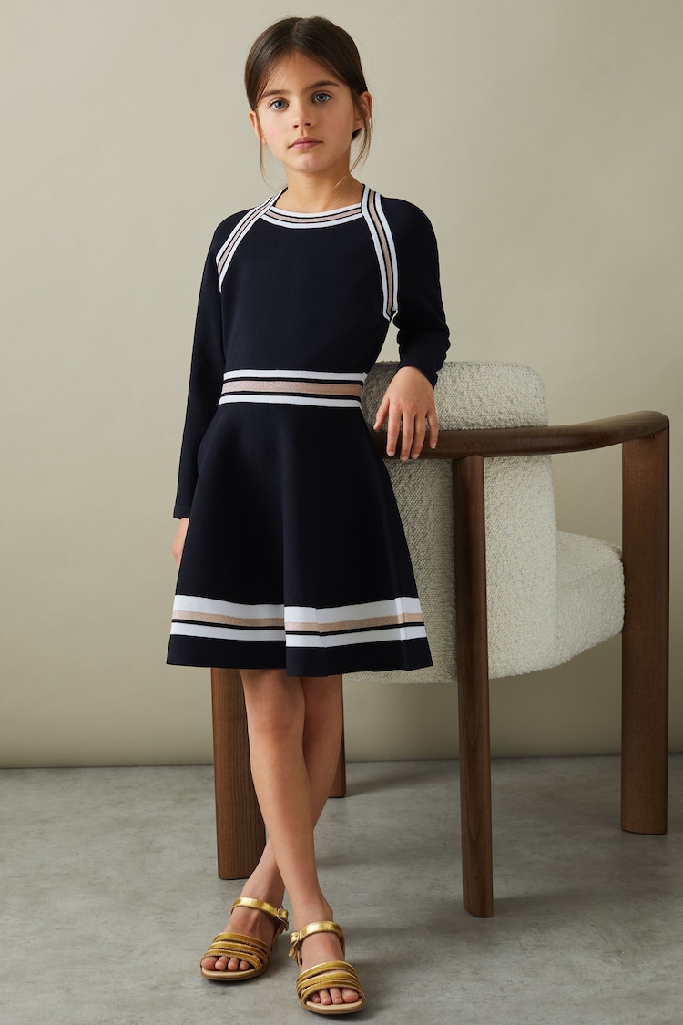 Reiss Navy Fallon 9-13 yrs Sparkle Trim Knitted Skater Dress - Image 1 of 4