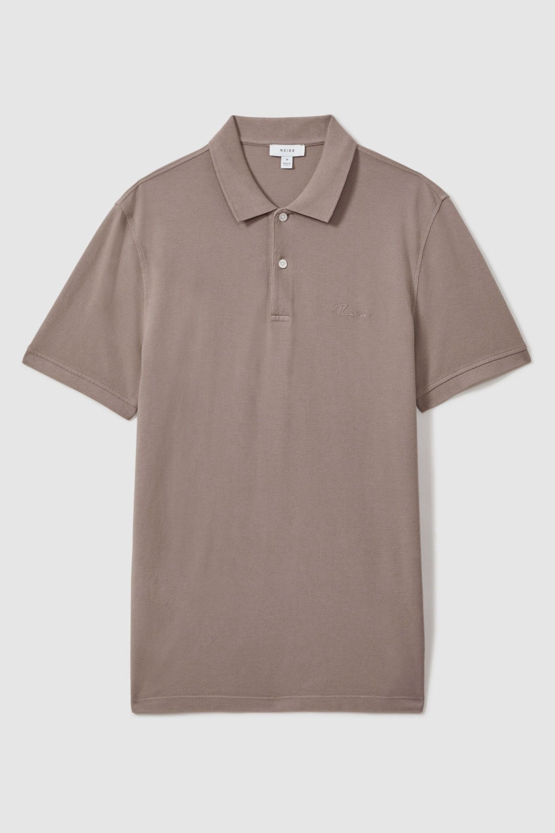 Reiss Dark Taupe Peters Slim Fit Garment Dyed Embroidered Polo Shirt - Image 2 of 6
