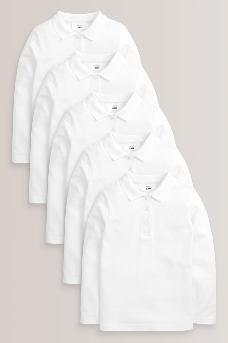 White Regular Fit 5 Pack 100% Cotton Long Sleeve School Polo Shirts (3-16yrs) - Image 1 of 2