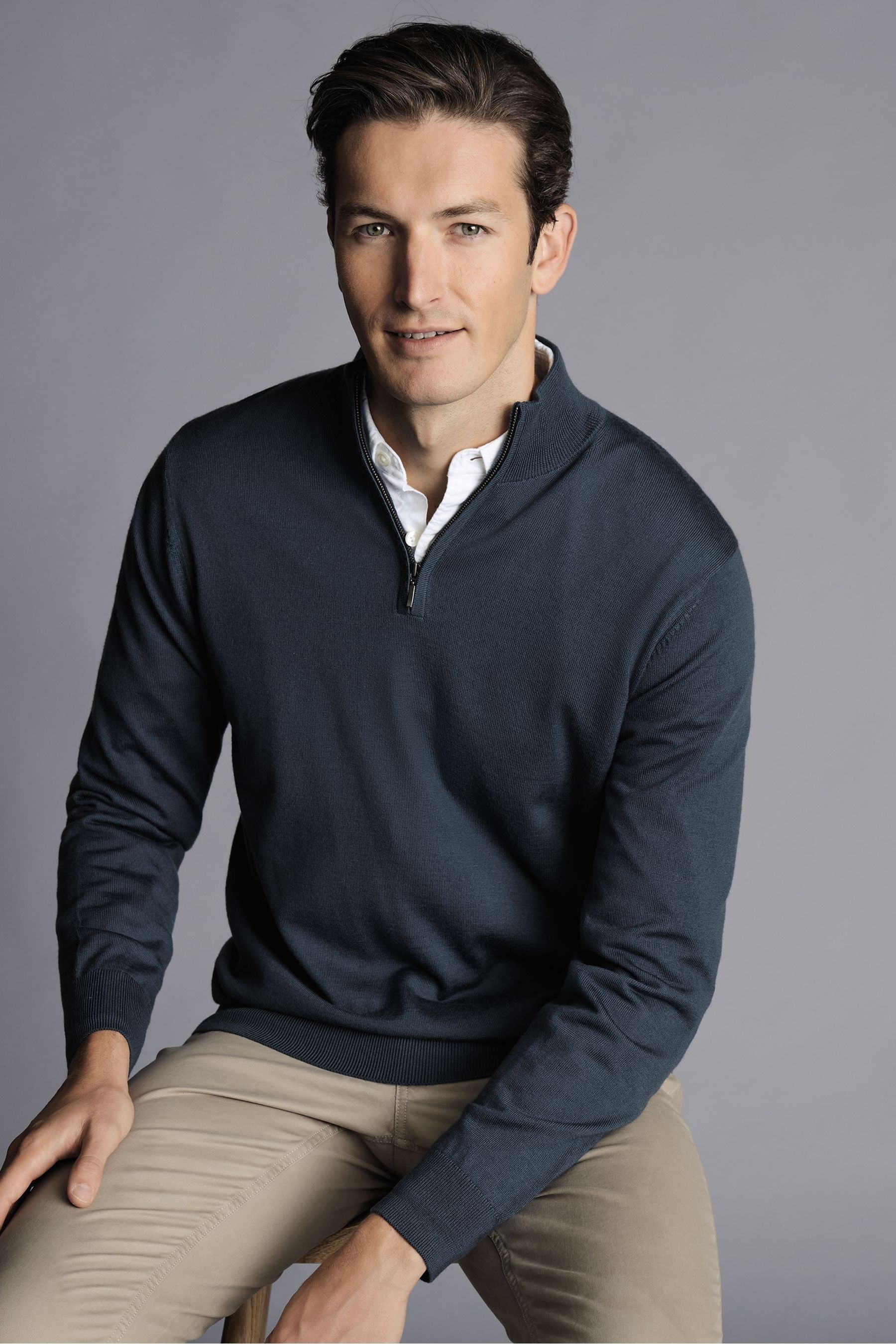 Charles Tyrwhitt Blue Merino Quarter Zip Jumper