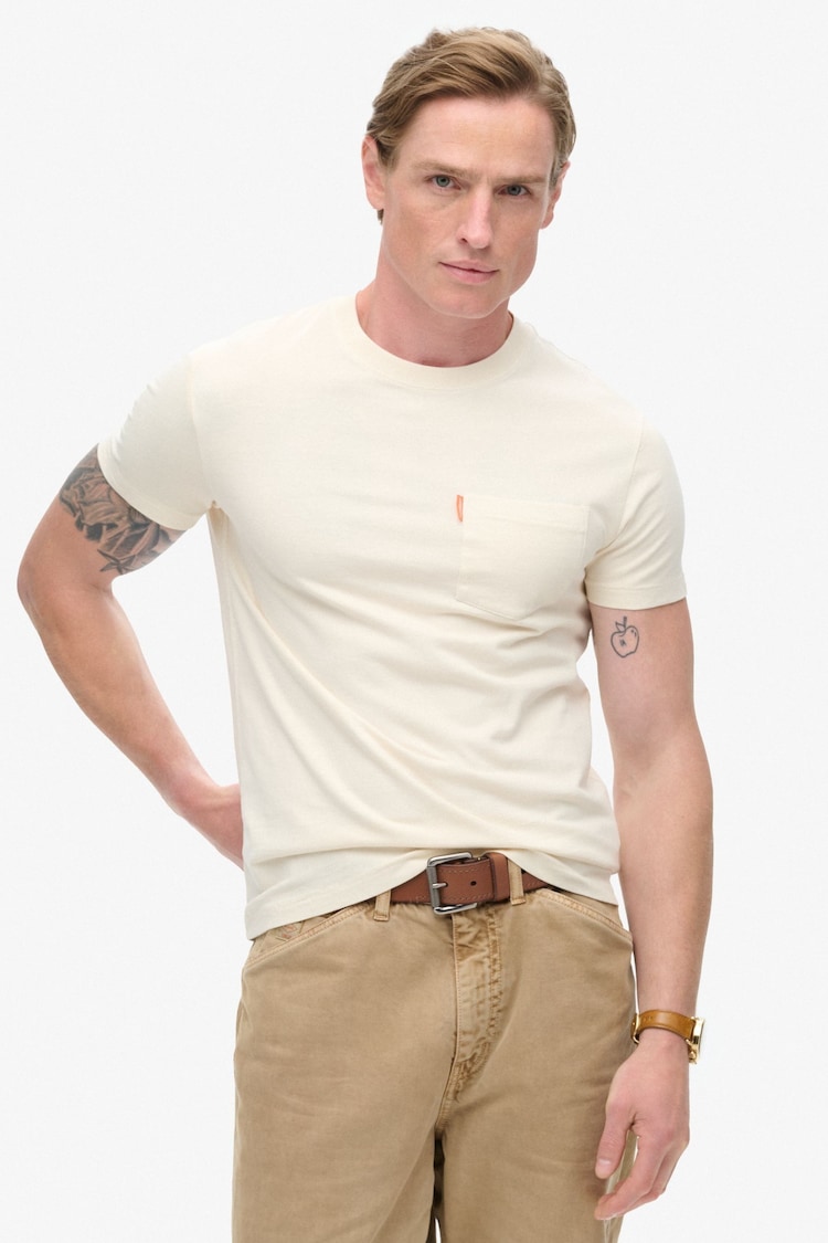 Superdry White 100% Cotton Essential Washed Pocket T-Shirt - Image 1 of 5