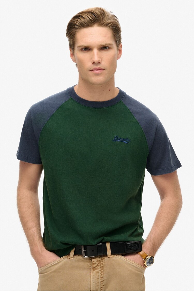 Superdry Enamel Green Navy Essential Logo Baseball T-Shirt - Image 1 of 5