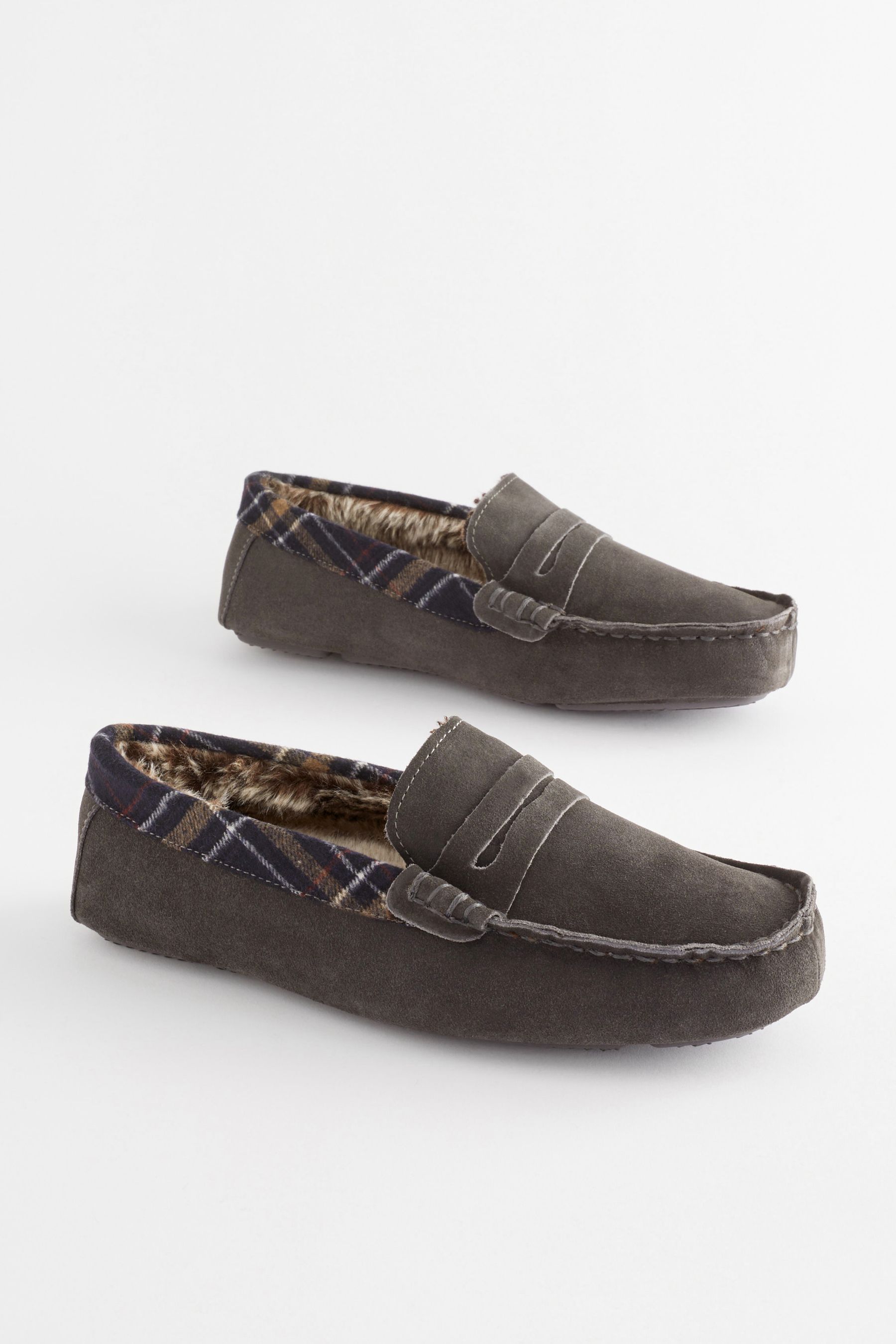 Grey Luxury Signature Suede Moccasin Slippers
