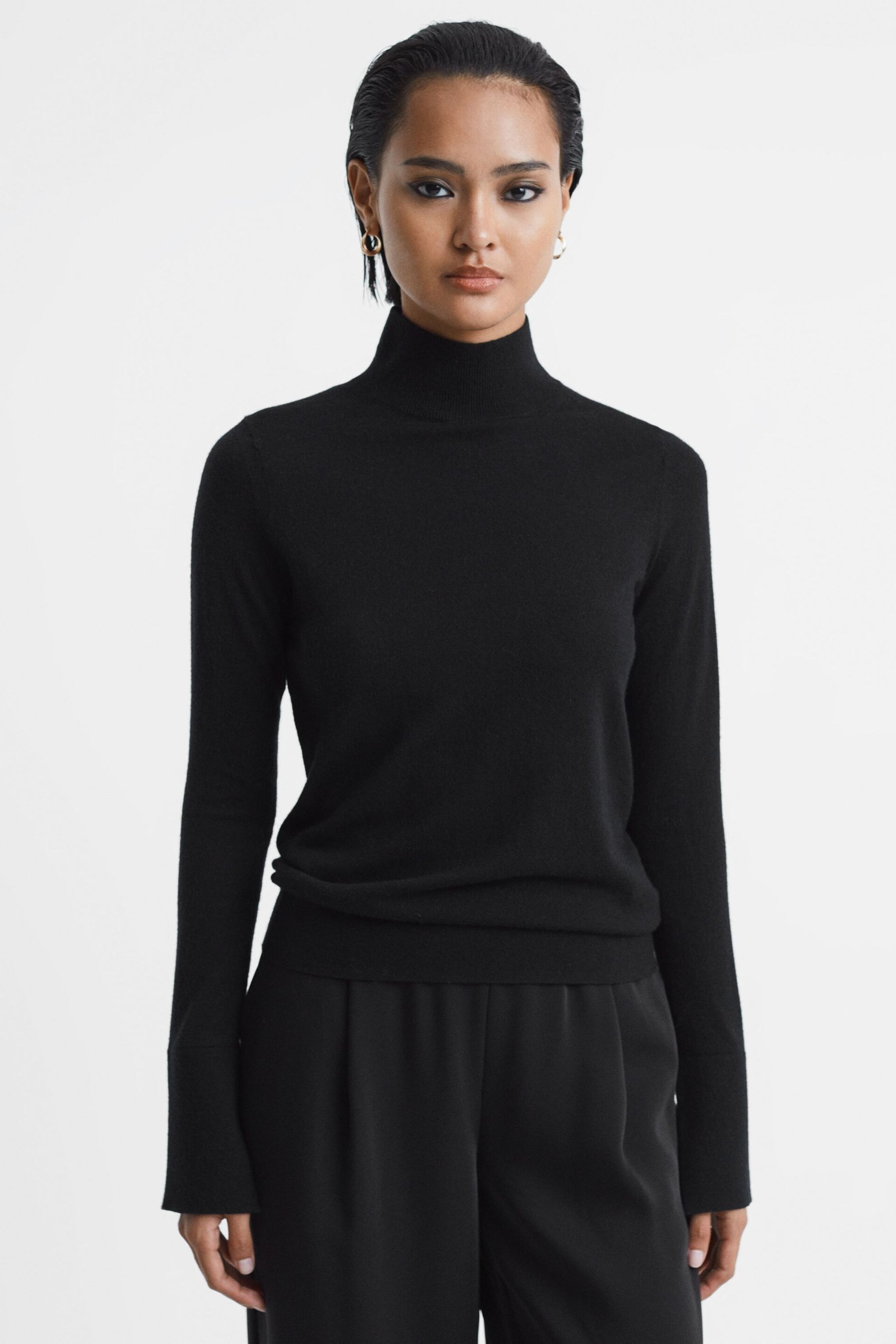 Reiss Black Kylie Merino Wool Fitted Funnel Neck Top - Image 1 of 5