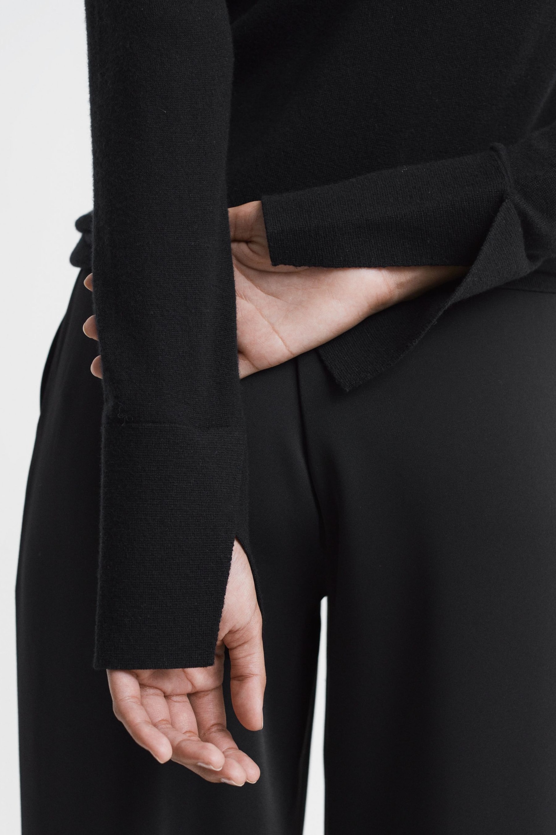 Reiss Black Kylie Merino Wool Fitted Funnel Neck Top - Image 4 of 5
