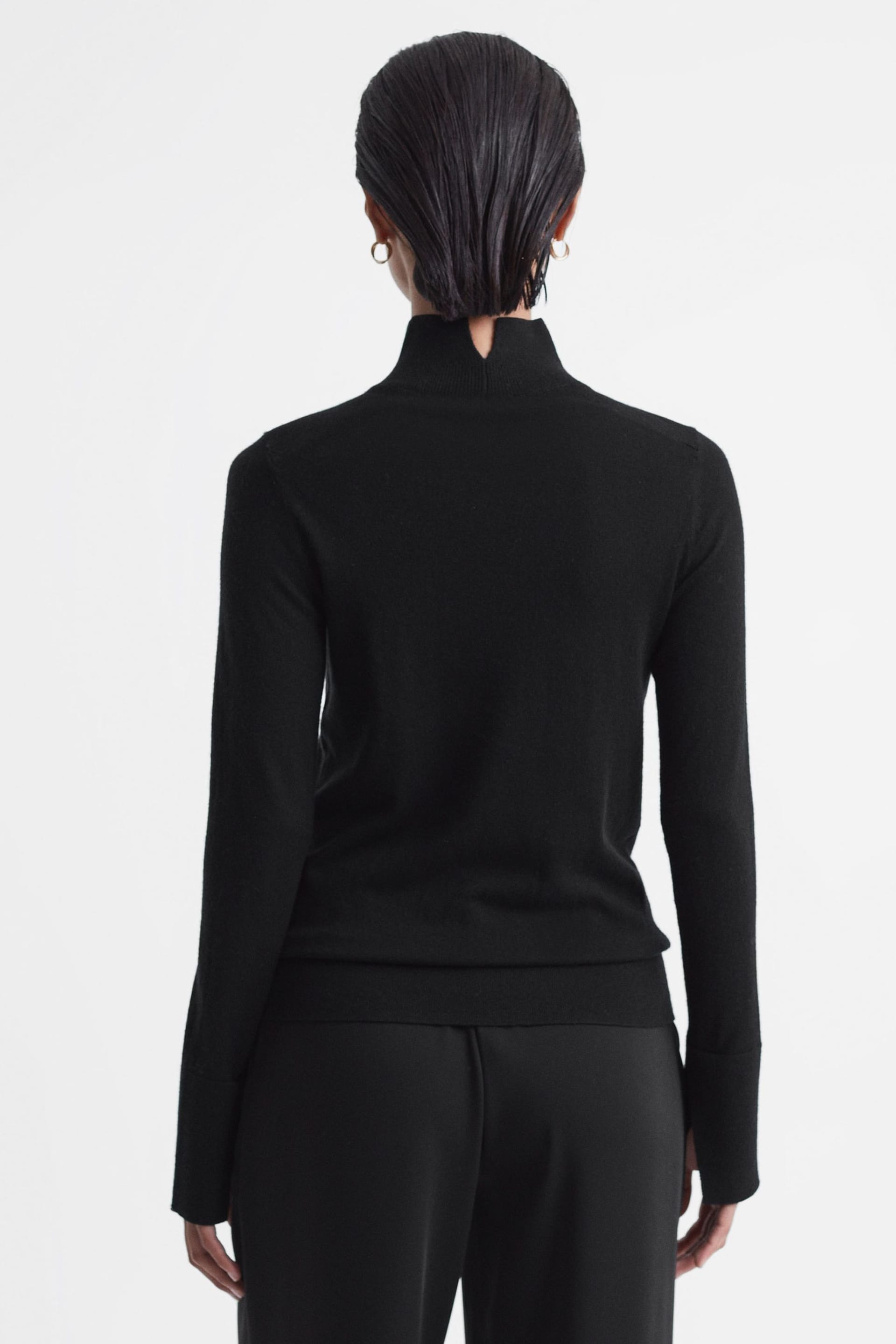 Reiss Black Kylie Merino Wool Fitted Funnel Neck Top - Image 5 of 5