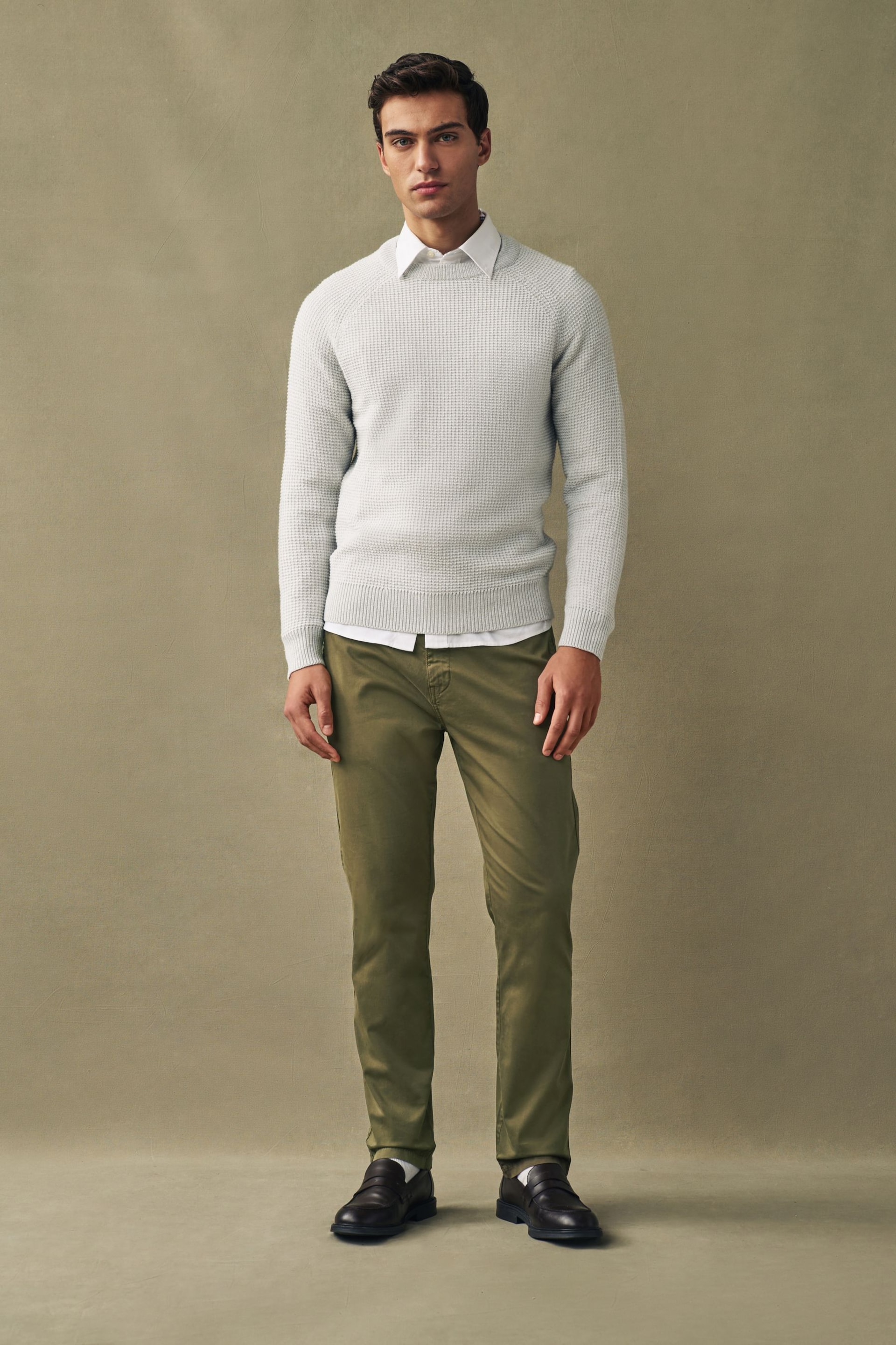 Khaki Green Slim Fit Premium Laundered Stretch Chinos Trousers - Image 2 of 12