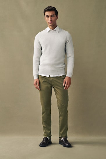 Khaki Green Slim Fit Premium Laundered Stretch Chinos Trousers