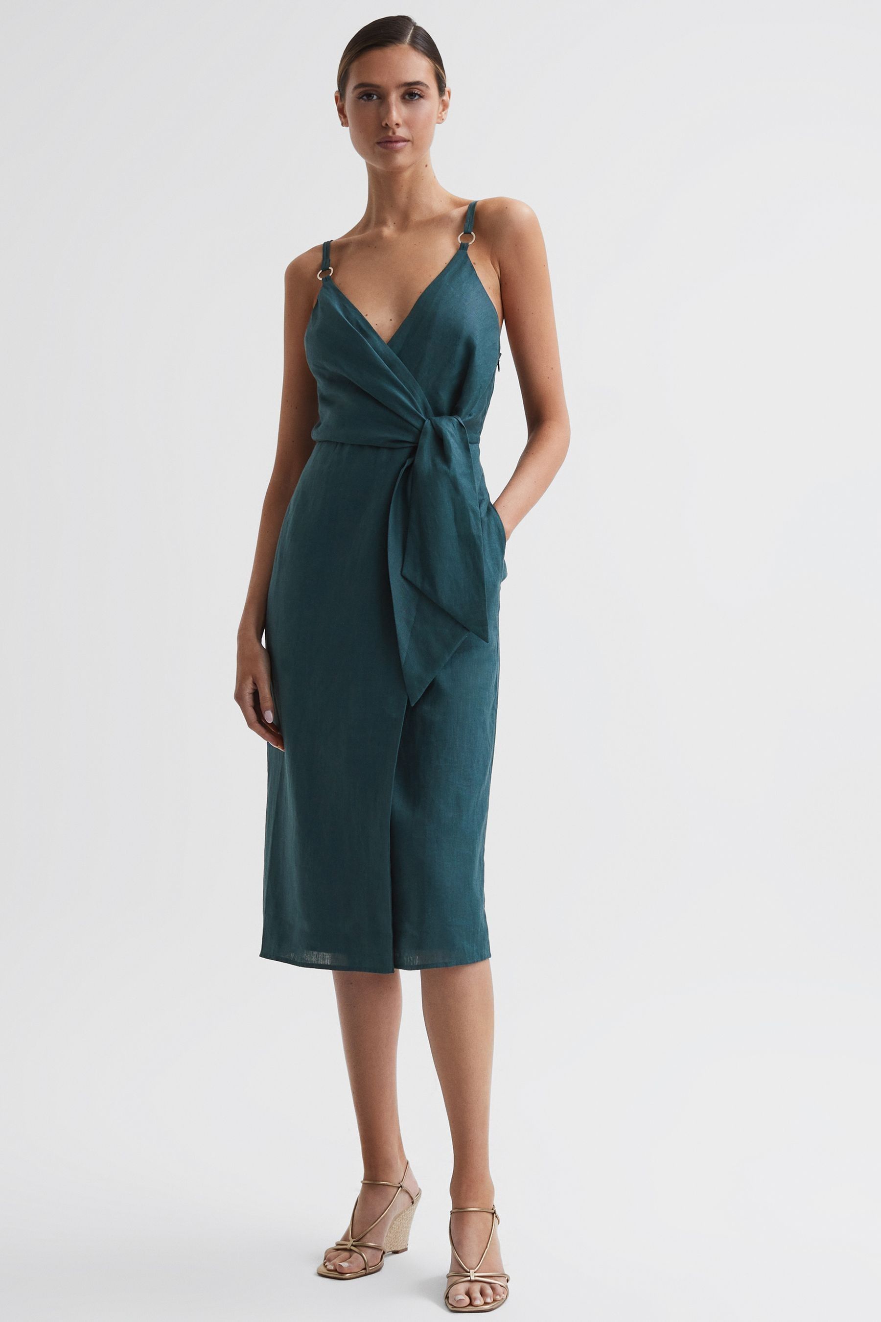 Buy Reiss Dark Teal Elsie Linen Side Tie Midi Dress from the Next UK online shop