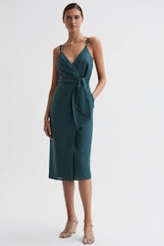 Reiss Dark Teal Elsie Linen Side Tie Midi Dress - Image 1 of 4