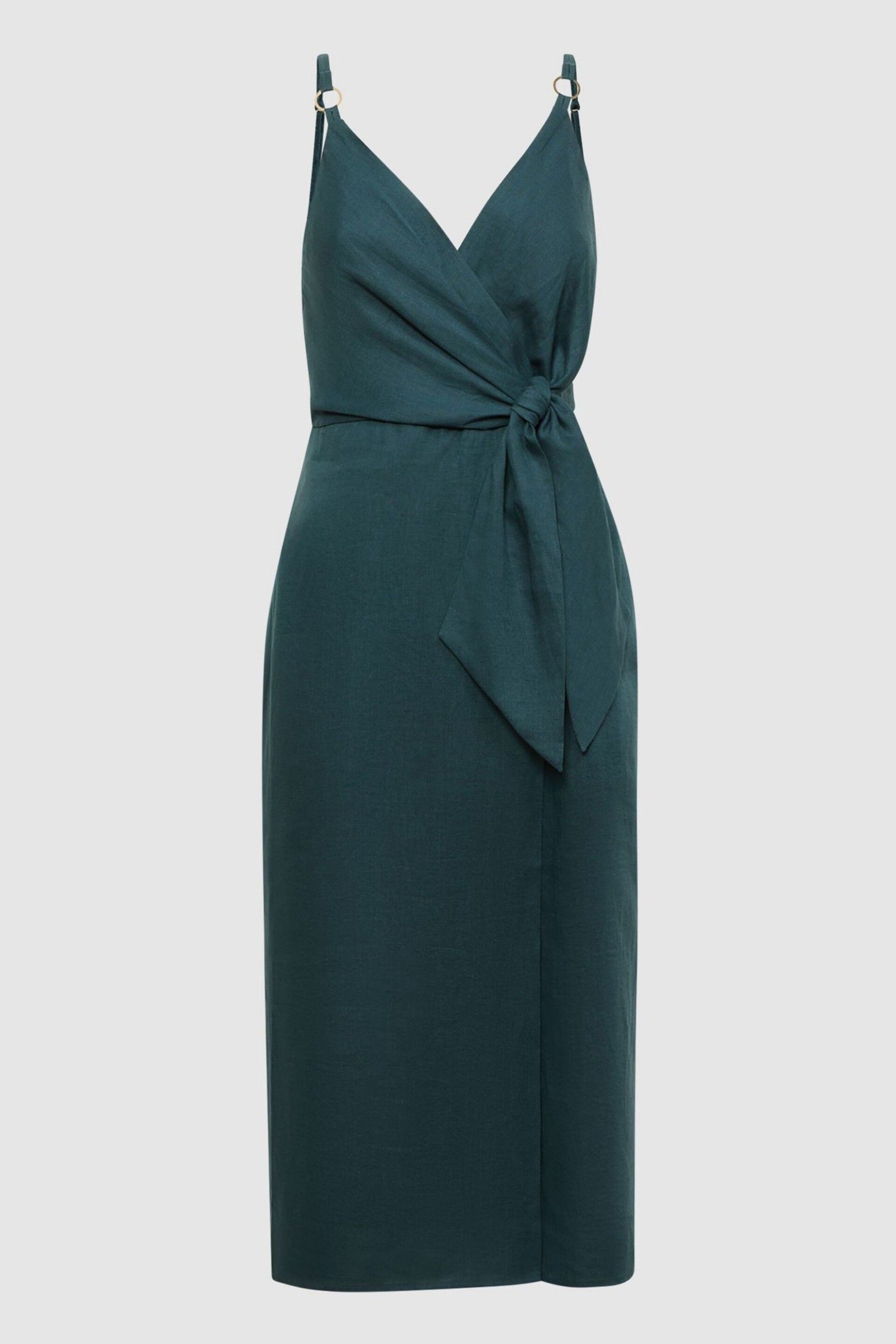 Reiss Dark Teal Elsie Linen Side Tie Midi Dress - Image 2 of 4