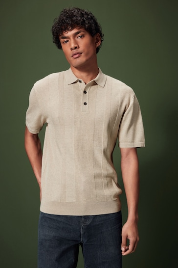 Neutral Knitted Regular Fit Textured Stripe Polo Shirt