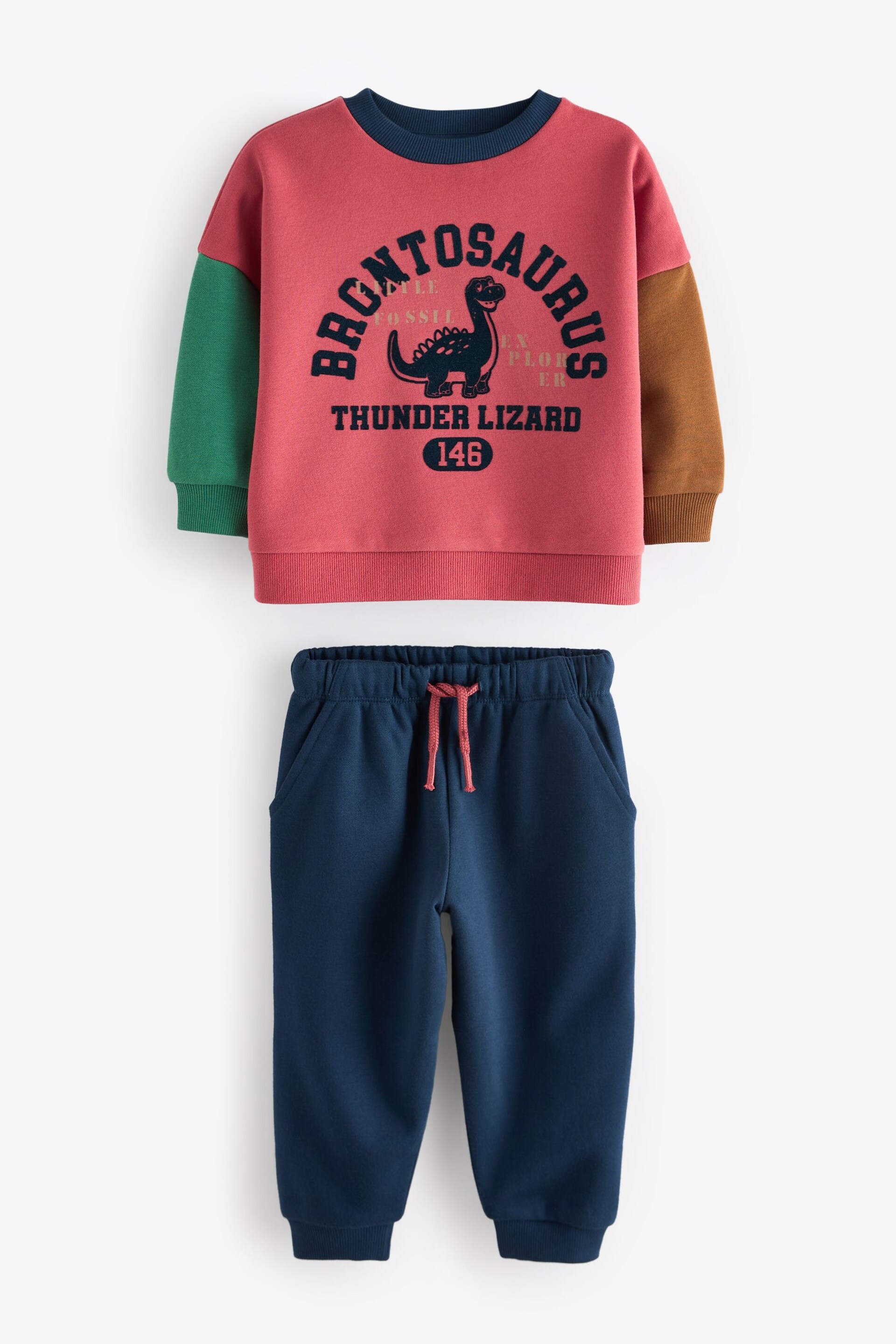 Red/Blue Dinosaur Printed Colourblock Sweatshirt and Joggers Set (3mths-7yrs) - Image 4 of 6