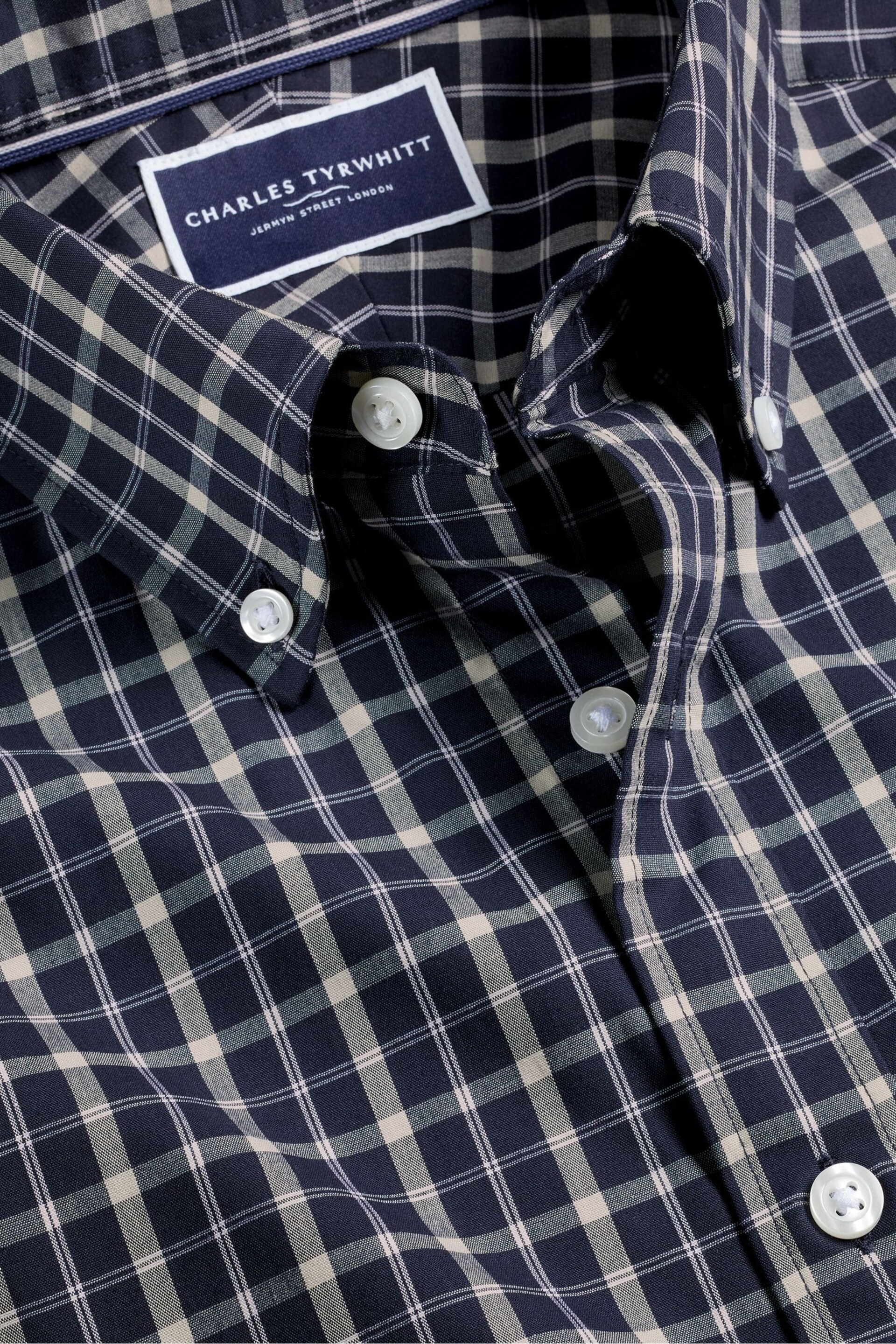 Charles Tyrwhitt Blue Check Classic Fit Non-Iron Stretch Poplin Shirt - Image 5 of 6