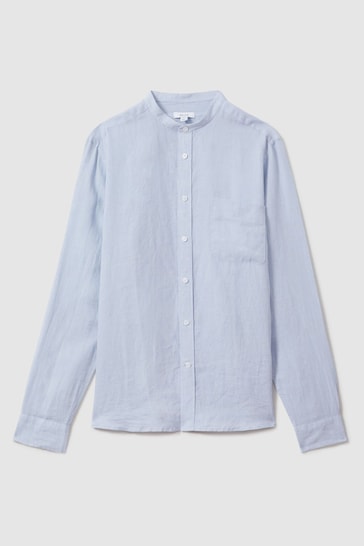 Reiss Light Blue Ocean Linen Grandad Collar Shirt