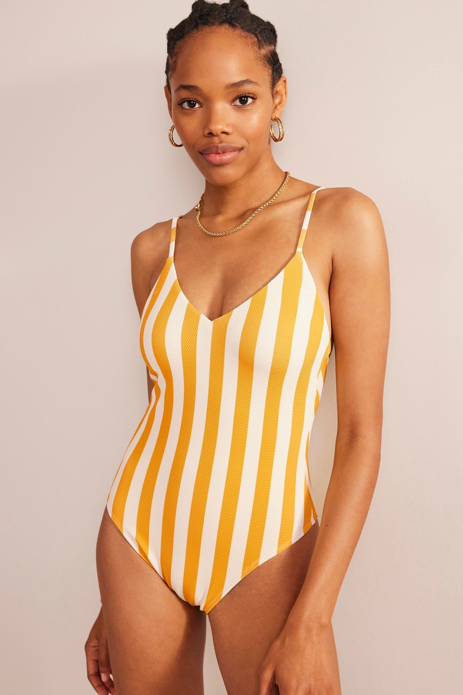 Yellow and white striped one piece swimsuit discount