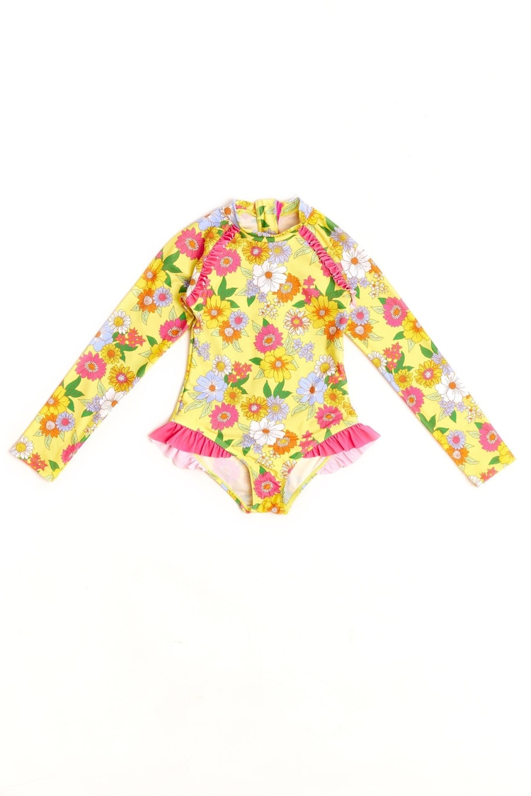 Nicole Miller Yellow Floral Long Sleeves Rash Guard - Image 1 of 4