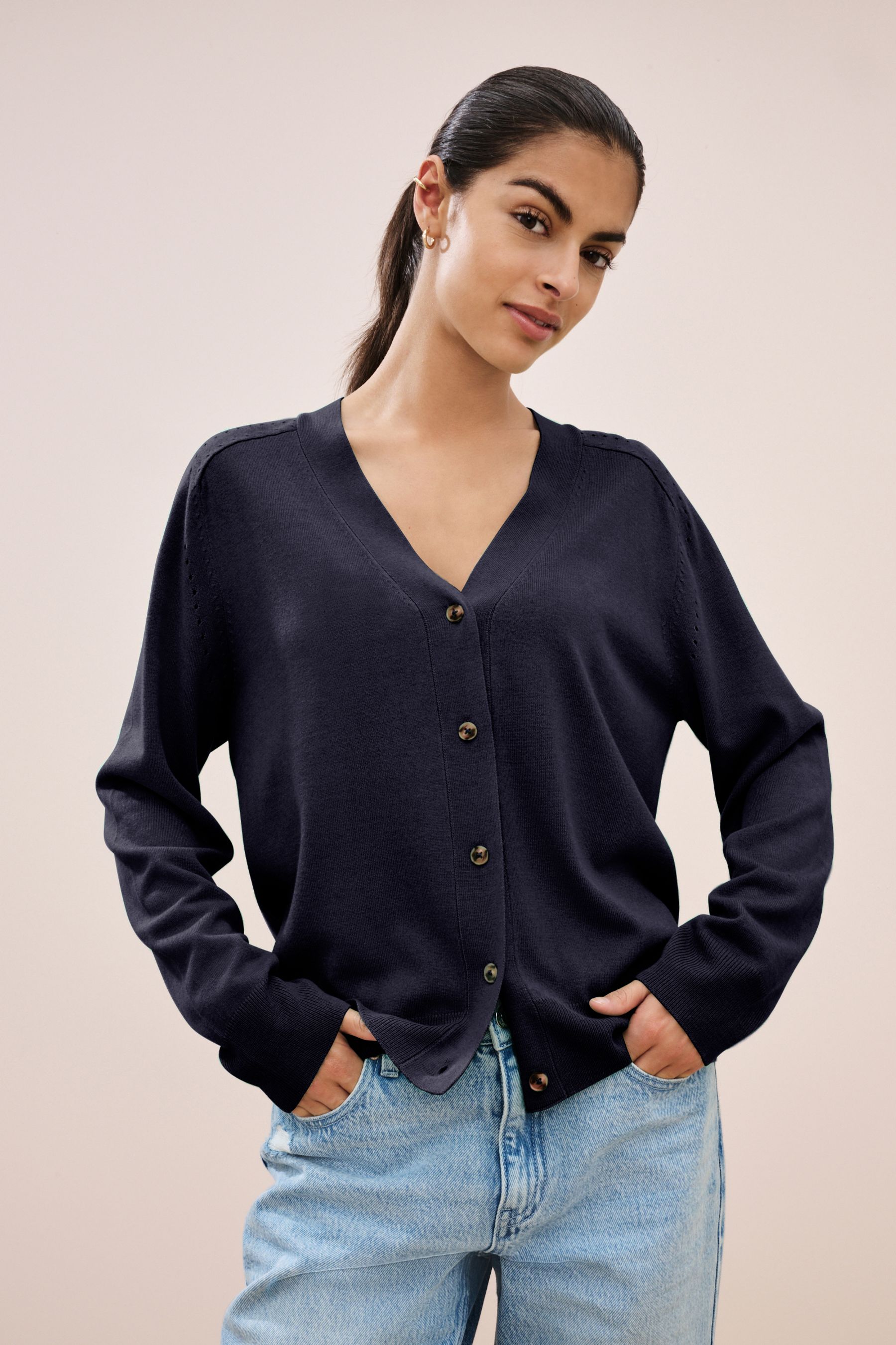 Navy Blue Soft Touch Button Up Knitted Cardigan