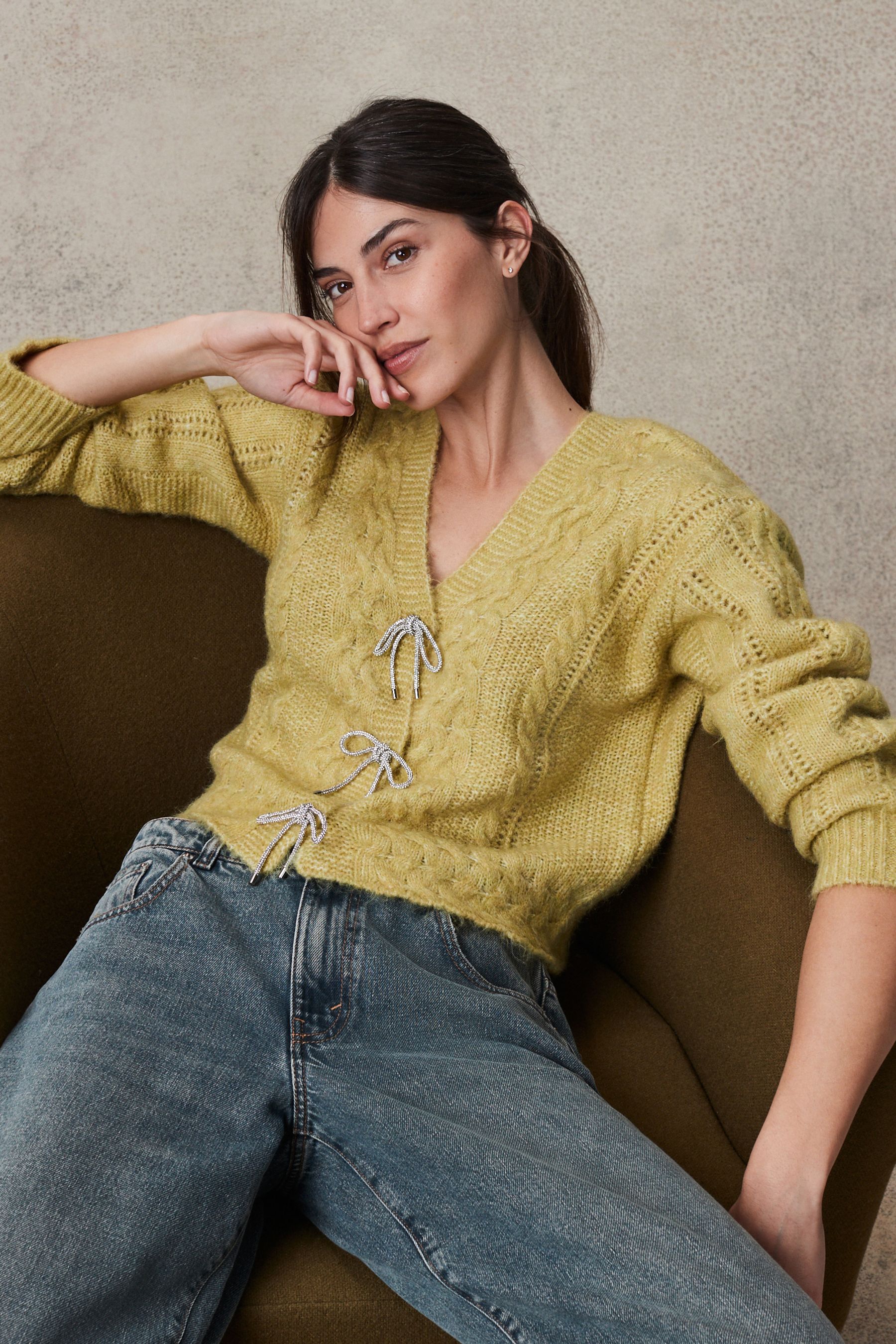 Yellow sweater button up best sale