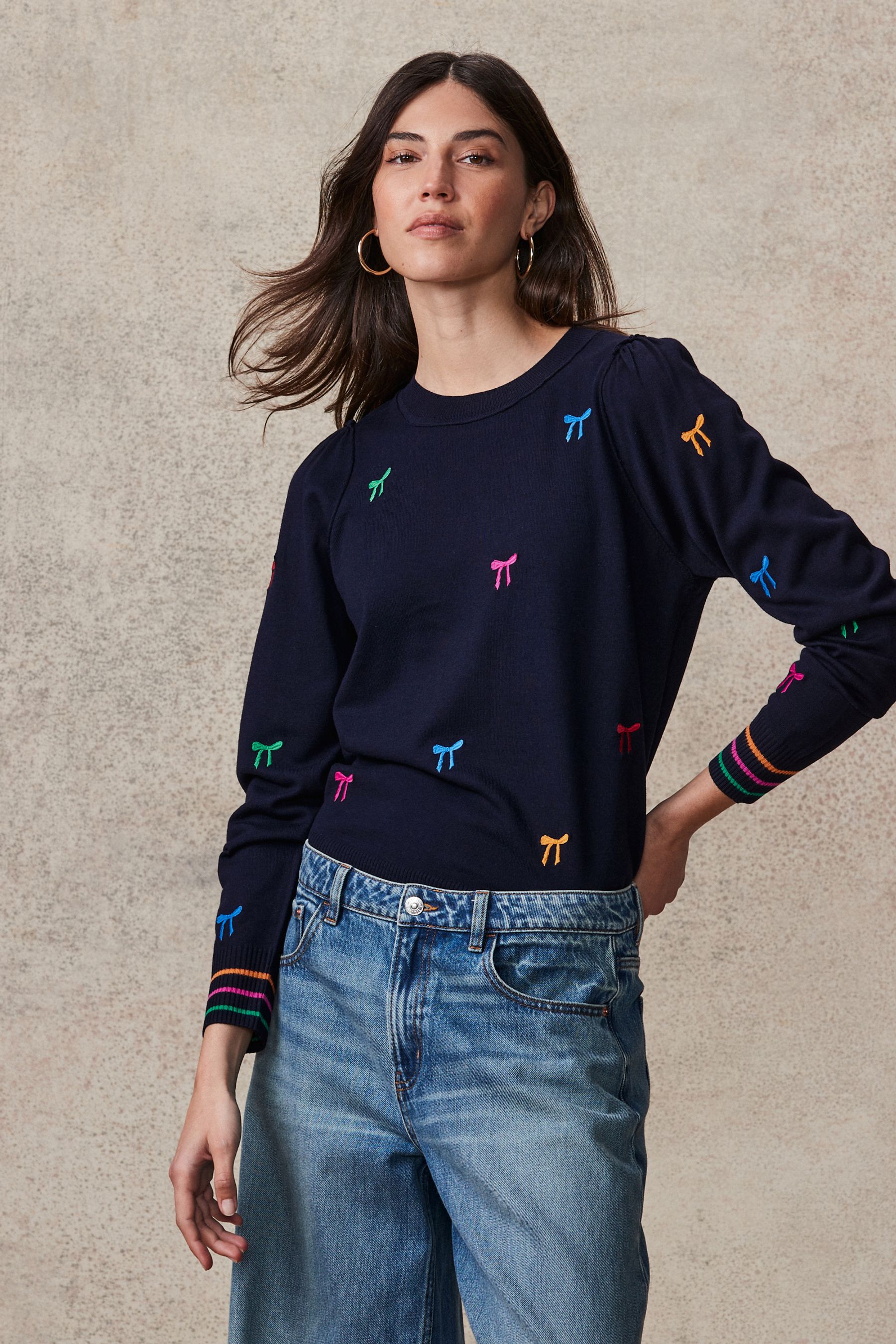 Buy Navy Blue with Rainbow Bows Crew Neck Long Sleeve Embroidered Jumper from the Next UK online shop