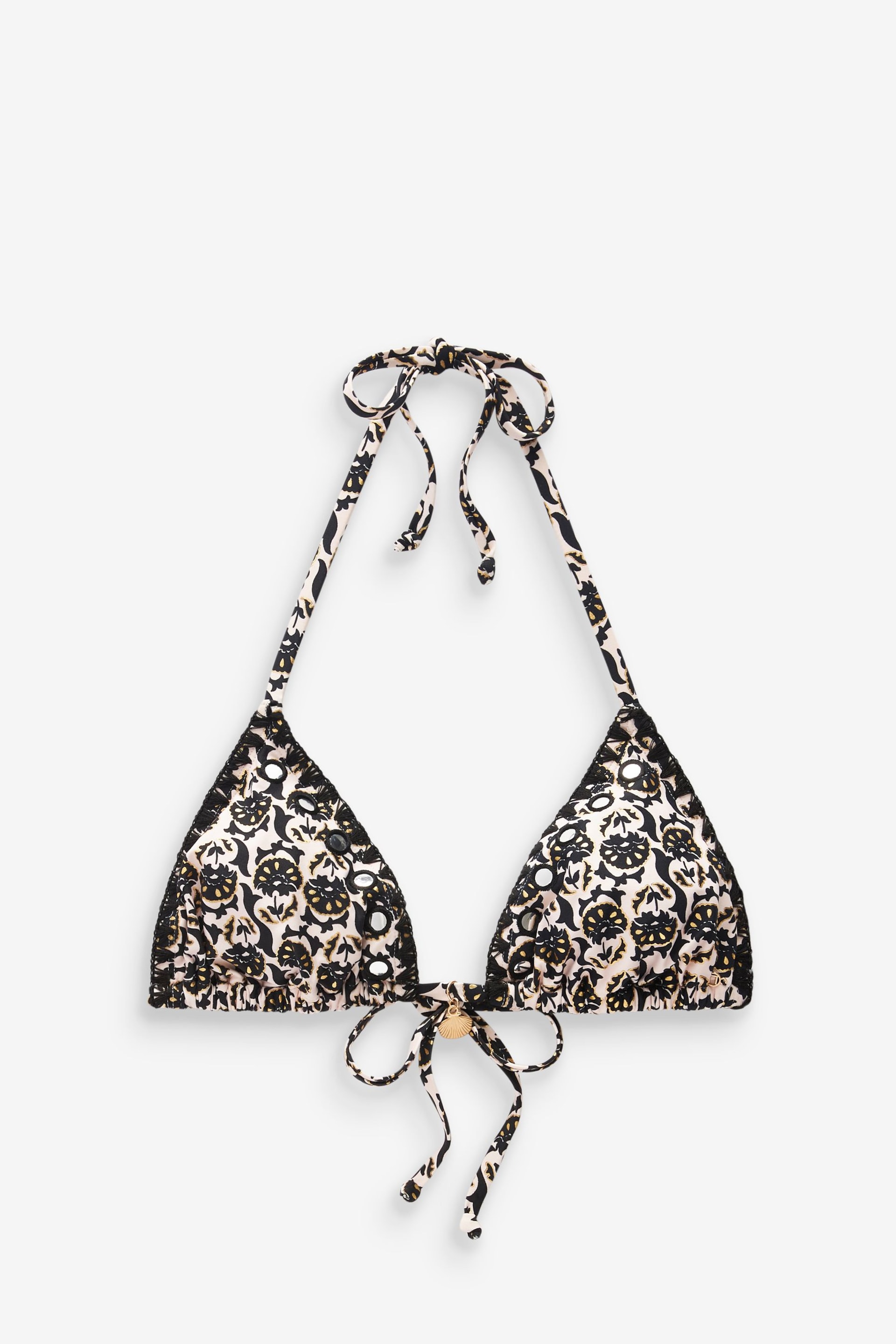 Black/Ecru Foil Woodblock Triangle Charm Bikini Top - Image 7 of 7