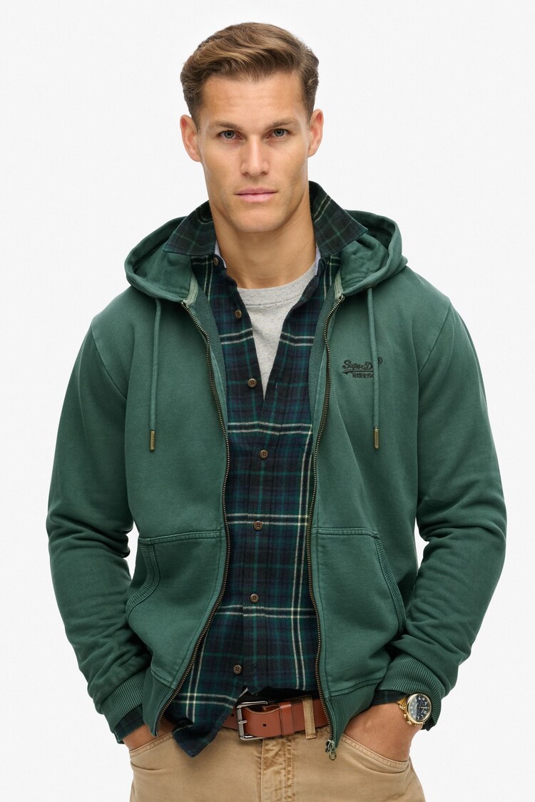 Superdry Forest Green Essential Logo Washed Zip Hoodie - Image 1 of 5