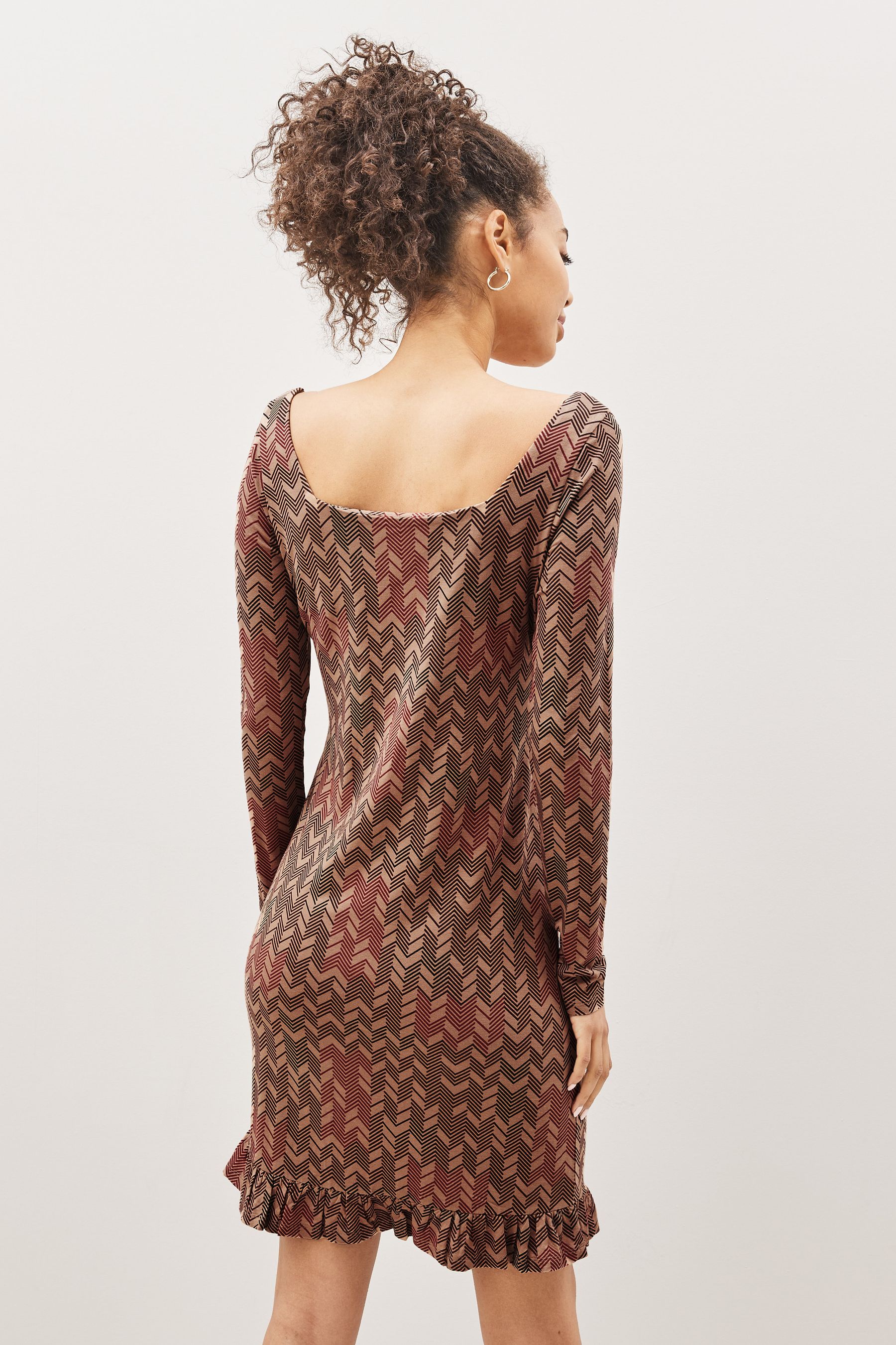 Buy Tan Brown Geo Long Sleeve Ruffle Hem Mini Dress from Next Luxembourg