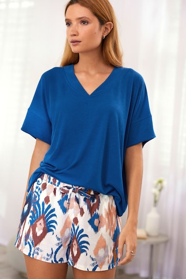 Blue Abstract Linen Blend Short Set Pyjamas