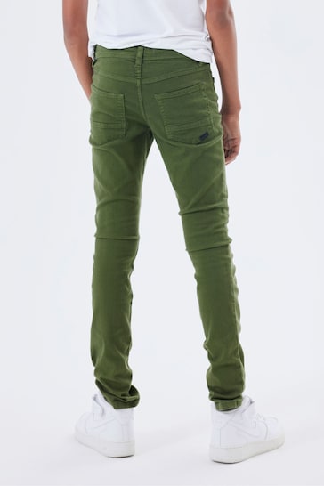 Name It Green Slim Fit Cotton Twill Chino Trousers With Adjustable Waist