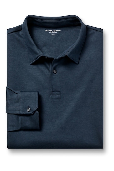 Charles Tyrwhitt Petrol Blue Plain Long Sleeve Jersey Polo Shirt