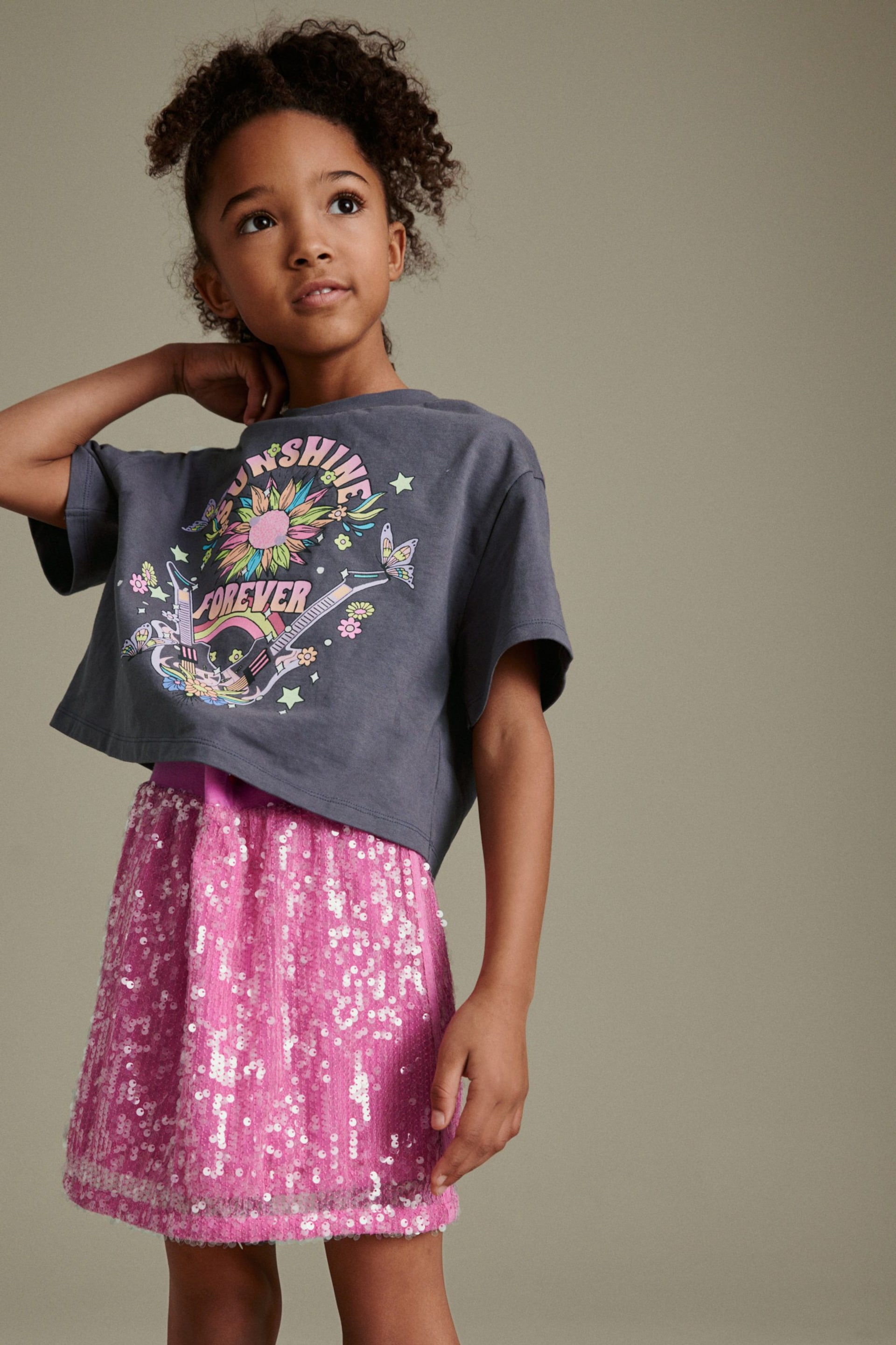 Pink Grey Flower T-Shirts And Pink Sequin Skirt Set (3-16yrs) - Image 2 of 6